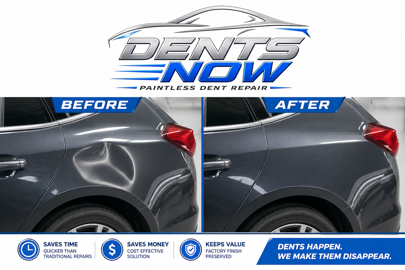 Before and after paintless dent repair on a silver vehicle's rear quarter panel