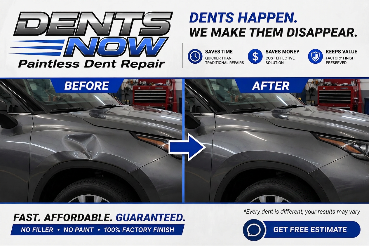 Before and after paintless dent repair on a silver vehicle's rear quarter panel