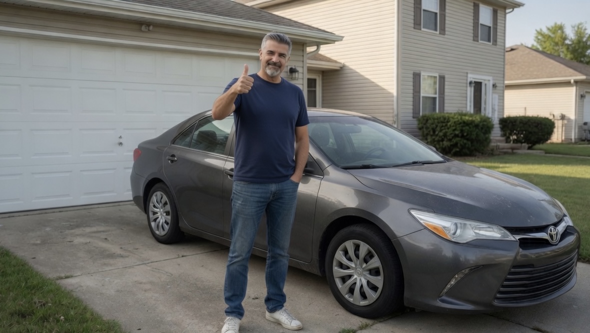 Happy Dents Now customer giving a thumbs up next to his gray Toyota Camry in the driveway