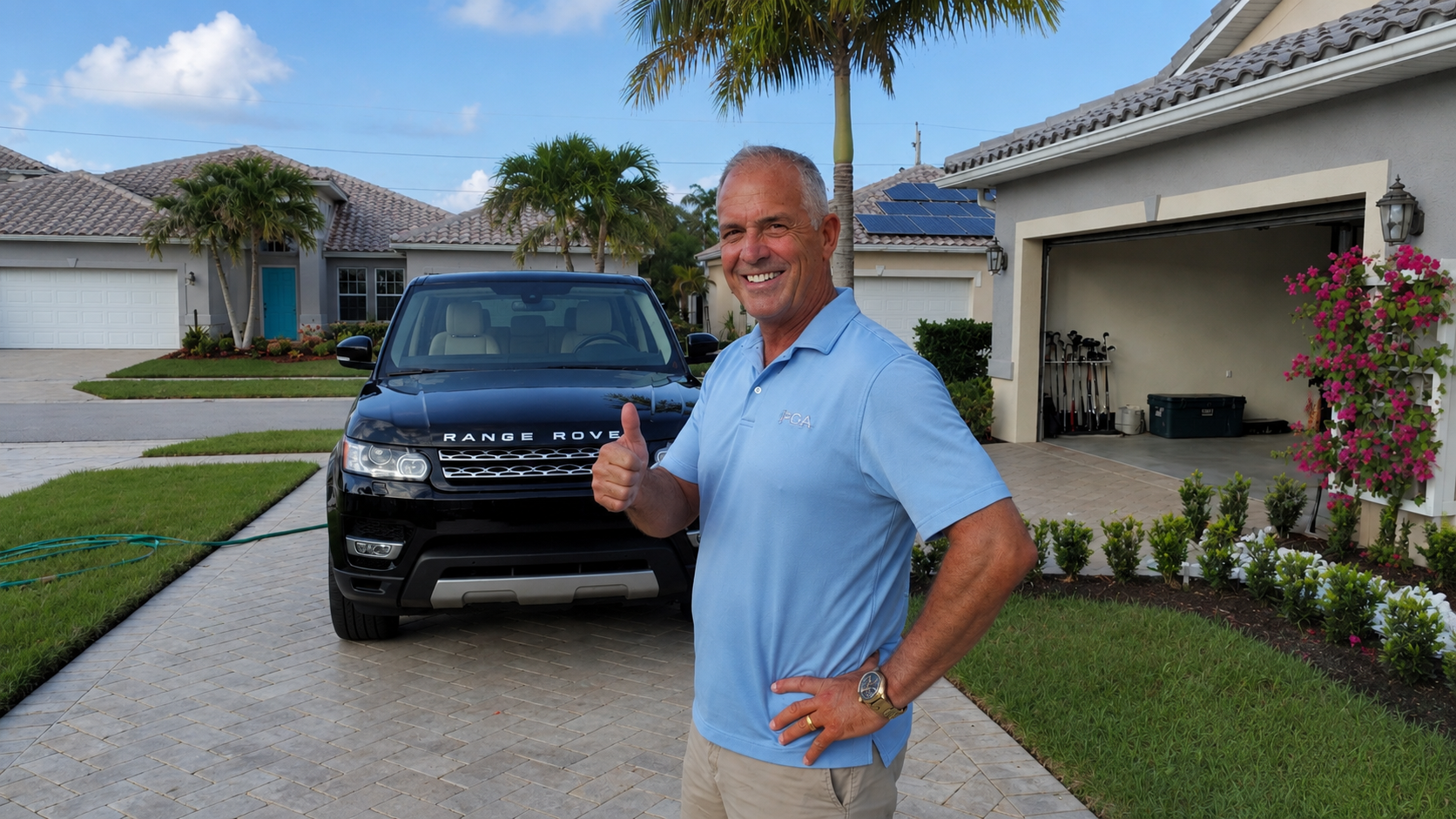 Happy Dents Now customer giving a thumbs up next to his black Range Rover Sport in the driveway