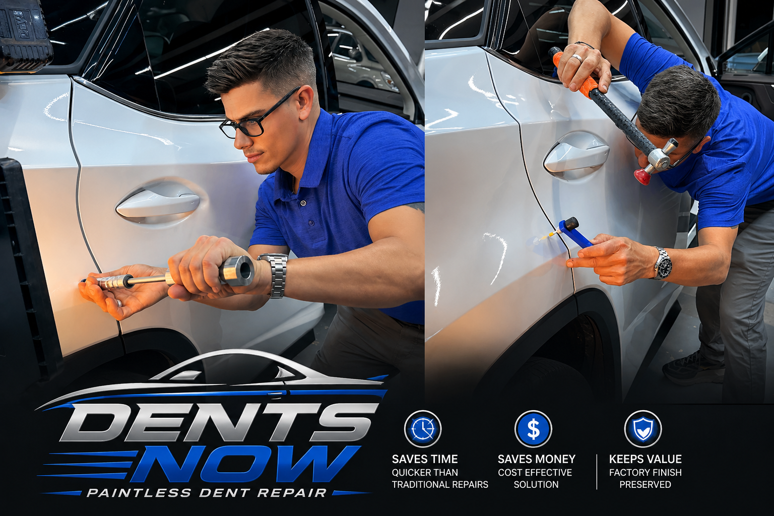 Dents Now technician using paintless dent repair tools on a silver SUV
